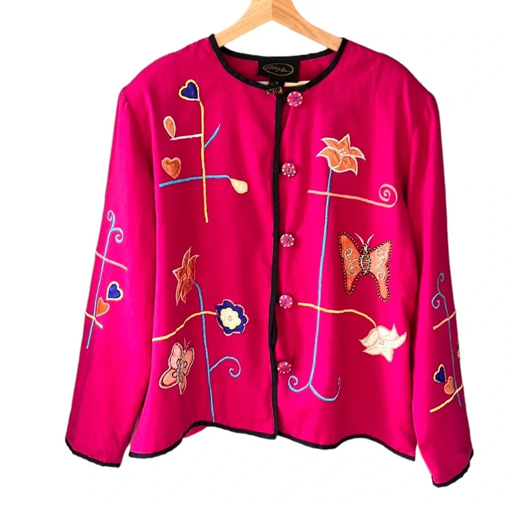 Vintage Alex Kim 1X Hot Pink Cardigan Novelty Butterfly 3D Embroidered Details